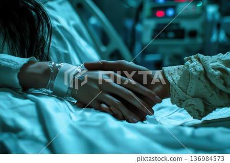 Clasped hands on hospital bed near IV line, closeup conveying emotional support during critical care, monitor lights casting cool blue glow, quiet tension and comfort 136984573