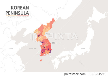 A map of the Korean Peninsula divided by various red tones on the background of a map of Northeast Asia 136984593