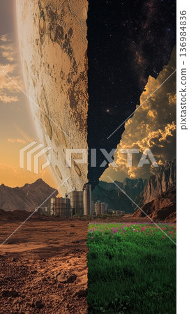 Mechanical Structures Nestled Amidst Natural Landscape and Celestial Backdrop. Vast Cylindrical Structures Rise Above Small Habitats in Mountainous and Starry Environment 136984836