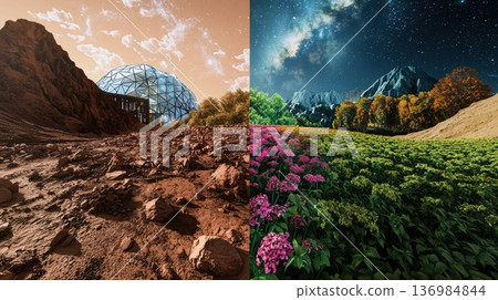 Habitat amidst nature. Red dusty plain surrounds geodesic glass shelter on rocky hillside. Research drone rests near entrance of domed habitat on rugged hillside at dusk 136984844