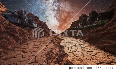 Expansive scene of rugged alien terrain and settlement pods. Immense sweeping vista showcasing rough alien terrain and remote habitation modules beneath starry sky 136984845
