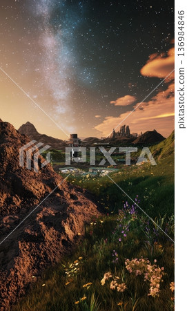 Cosmic vista over quiet settlement. Bright stars envelop serene rural landscape. Peaceful panorama displays celestial arch over illuminated outpost and rocky terrain 136984846