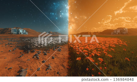 Alien terrain with contrasting barren sands and vibrant flowers. Cinematic portrayal of extraterrestrial environment showing contrasting night and day landscapes 136984848