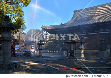 Fire drill: Water spraying on the main hall of Kakurinji Temple Fire drill: Water spraying on the main hall of Kakurinji Temple 136984884