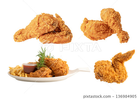 Fried chicken isolated on white background, junk food snack concept. Fried chicken isolated on white background, junk food snack concept. 136984905