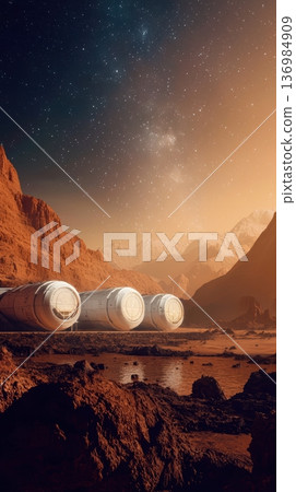 Cylindrical habitat modules beside canyon stream under milky way, reflective pools, rocky foreground, autonomous rover collecting core samples, silent exploration mood Cylindrical habitat modules beside canyon stream under milky way, reflective pools, rocky foreground, autonomous rover collecting core samples, silent exploration mood 136984909