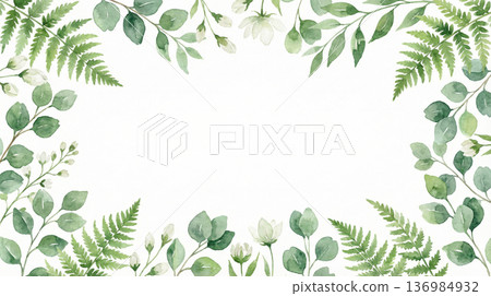 尤加利和清新綠色的植物水彩畫框（自然風格，留白） 136984932