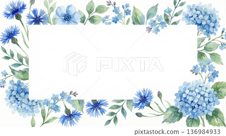 清新的藍色花卉水彩邊框（初夏，夏季禮物，留白） 136984933