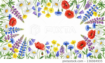 Colorful wildflower watercolor frame (celebration, birthday, copy space) 136984935
