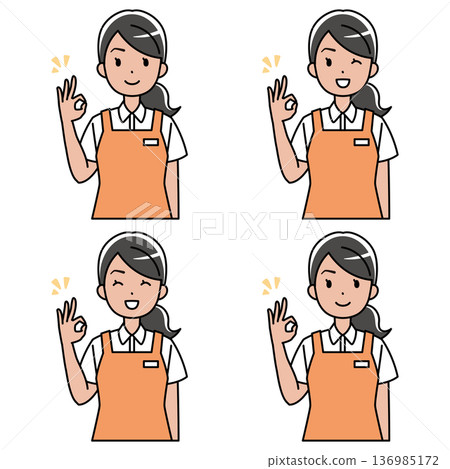 一幅插圖，描繪了一位穿著圍裙的外國女性面帶微笑地比出“OK”手勢。 136985172