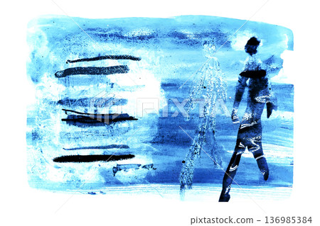 [Transparent Background] Silhouette figures and transparent figures painted in blue watercolor on paper, with multiple horizontal strokes. 136985384
