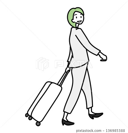 Stock Illustration: A business person on a business trip pulling a suitcase and walking lightly with a smile 136985388