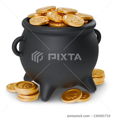Pot Full of Gold Coins Leprechaun Cauldron With Treasure 136985710