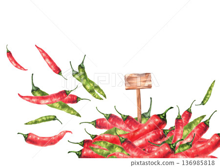 Watercolor hot chili pepper pile with flying out red, green pods end wooden rustic price tag sign. Hand drawn illustrations for vegetable market, spicy seasoning label design. Isolated from background Watercolor hot chili pepper pile with flying out red, green pods end wooden rustic price tag sign. Hand drawn illustrations for vegetable market, spicy seasoning label design. Isolated from background 136985818
