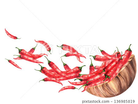 Red chili peppers flying out of wooden bowl. Hand painted watercolor illustration isolated on white background for spicy food concept, packaging, spice labels, asian menu, culinary, cooking projects. Red chili peppers flying out of wooden bowl. Hand painted watercolor illustration isolated on white background for spicy food concept, packaging, spice labels, asian menu, culinary, cooking projects. 136985819