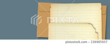 Part of vintage foolscap papers overlap with brown long envelop on blue background have blank space. Part of vintage foolscap papers overlap with brown long envelop on blue background have blank space. 136985937