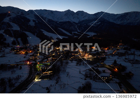 Beautiful night view of Hakuba Village, Nagano Prefecture (aerial shot taken by drone) Beautiful night view of Hakuba Village, Nagano Prefecture (aerial shot taken by drone) 136985972