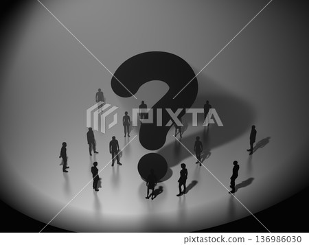 問號與人物剪影的暗影 3D 插圖 問號與人物剪影的暗影 3D 插圖 136986030