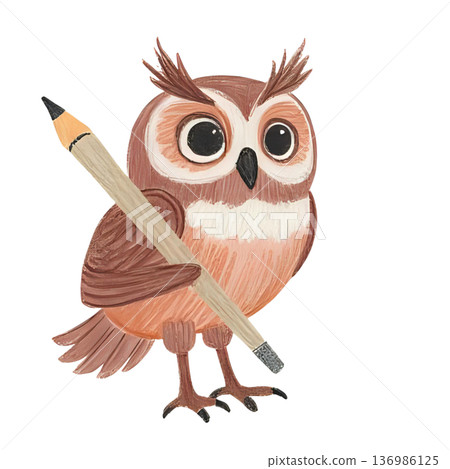 一隻貓頭鷹拿著鉛筆，鼓勵大家學習 136986125