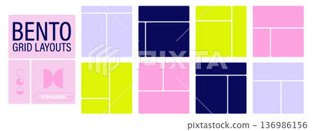 Trendy bento grid collage templates with soft corners. Geometric panel layouts for mood boards, galleries and social media banners. Trendy bento grid collage templates with soft corners. Geometric panel layouts for mood boards, galleries and social media banners. 136986156