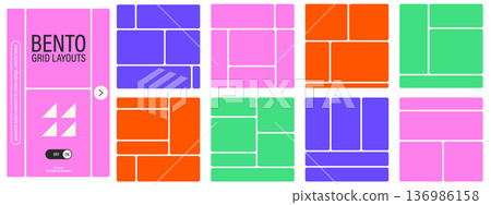 Bento grid style web layout collection. Abstract geometric tiles with rounded edges for mood boards, galleries and social media banners. Bento grid style web layout collection. Abstract geometric tiles with rounded edges for mood boards, galleries and social media banners. 136986158