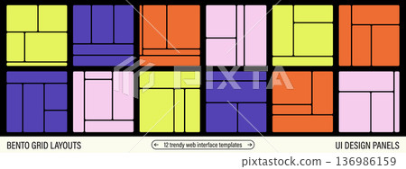 Bento style grid layouts. Asymmetric panels for modern web design. Flexible UI template set. Bento style grid layouts. Asymmetric panels for modern web design. Flexible UI template set. 136986159