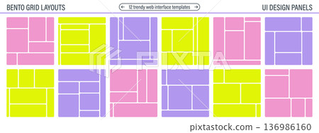 Geometric bento grid templates. Rounded shapes for posters, photo collages and modular web interfaces. Geometric bento grid templates. Rounded shapes for posters, photo collages and modular web interfaces. 136986160