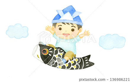 Watercolor boy riding a carp streamer Watercolor boy riding a carp streamer 136986221