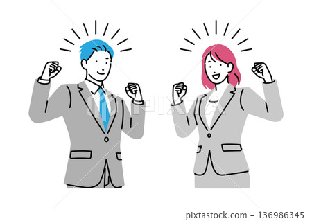 Illustration of male and female business people pumping their fists 136986345