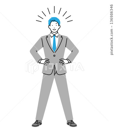 一位男性商務人士雙手叉腰站立的插圖 一位男性商務人士雙手叉腰站立的插圖 136986346