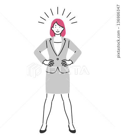 Illustration of a female business person standing with her hands on her hips 136986347