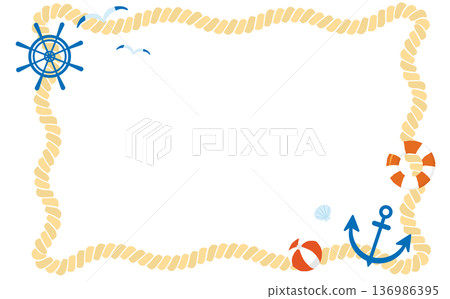 帶有救生衣、舵和錨標誌的船用繩框架背景插圖素材 帶有救生衣、舵和錨標誌的船用繩框架背景插圖素材 136986395