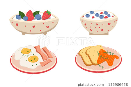 Breakfast Food Illustration Set with Bowl Cereal Egg and Morning Meal Concept Breakfast Food Illustration Set with Bowl Cereal Egg and Morning Meal Concept 136986458