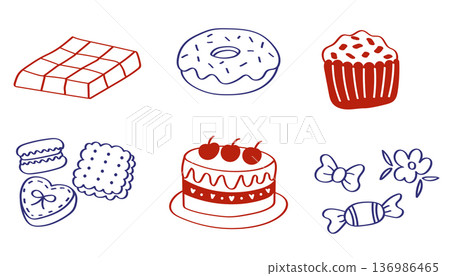 Retro Dessert Illustration Set with Cake Cupcake Candy and Vintage Sweet Collection 136986465