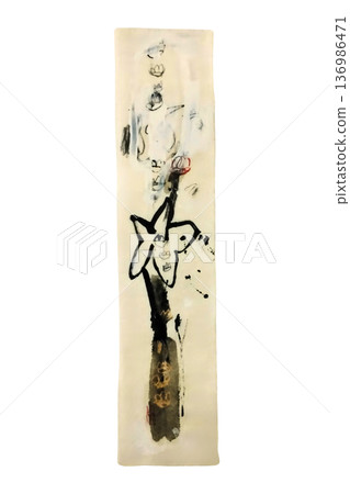 A hand-drawn illustration of a flower in a vase and abstract shapes drawn with ink, watercolor, and pencil on a strip of vertical paper. 136986471