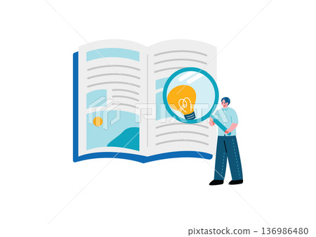 Illustration of a man searching for clues in a book 136986480