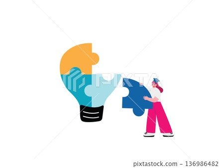 Illustration of a female student fitting puzzle pieces Illustration of a female student fitting puzzle pieces 136986482