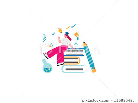 圖:一位女學生坐在大書上 圖:一位女學生坐在大書上 136986483