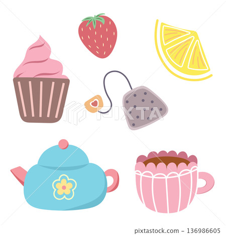 Cute Tea Illustration Set with Teapot Cup and Sweet Dessert Element Collection 136986605