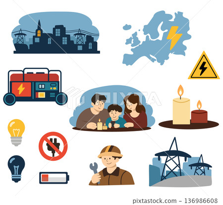 Blackout Power Outage Illustration Set with Electricity Failure Blackout Power Outage Illustration Set with Electricity Failure 136986608