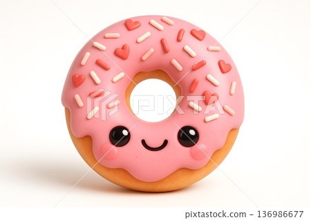 Adorable pink donut with heart sprinkles and sweet smile 136986677