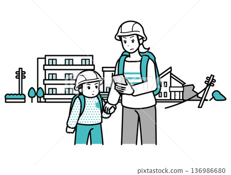 災難發生時，戴著頭盔的家長和孩子正在撤離 136986680