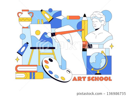 Art School Vector Illustration Featuring Children Painting a Live Model or Object Using Art Tools and Equipment in Flat Cartoon Background Design 136986735