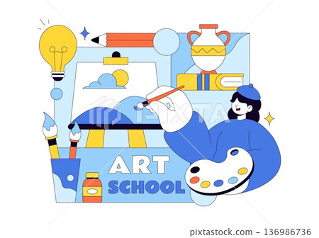 Art School Vector Illustration Featuring Children Painting a Live Model or Object Using Art Tools and Equipment in Flat Cartoon Background Design 136986736