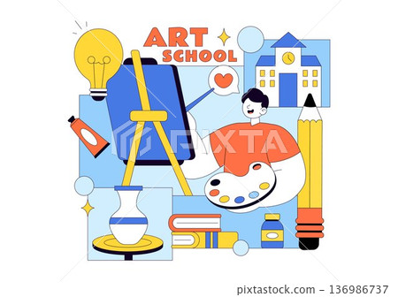 Art School Vector Illustration Featuring Children Painting a Live Model or Object Using Art Tools and Equipment in Flat Cartoon Background Design 136986737