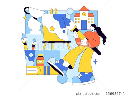 Art School Vector Illustration Featuring Children Painting a Live Model or Object Using Art Tools and Equipment in Flat Cartoon Background Design 136986741