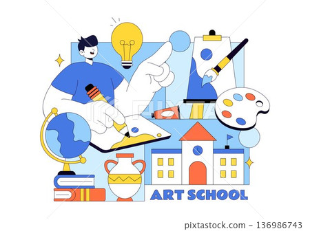 Art School Vector Illustration Featuring Children Painting a Live Model or Object Using Art Tools and Equipment in Flat Cartoon Background Design 136986743