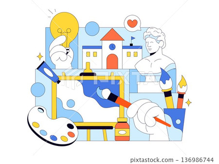 Art School Vector Illustration Featuring Children Painting a Live Model or Object Using Art Tools and Equipment in Flat Cartoon Background Design 136986744