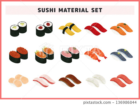 Sushi illustration set with various types including tuna, salmon, salmon roe, shrimp, etc. Vector icons for Japanese food menu Sushi illustration set with various types including tuna, salmon, salmon roe, shrimp, etc. Vector icons for Japanese food menu 136986844