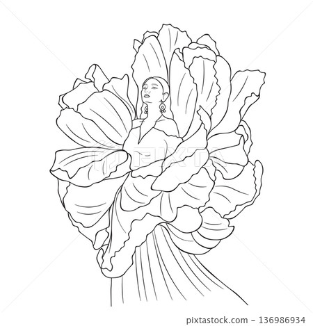 Elegant spring woman illustration emerging from blooming flower petals in detailed line art style Elegant spring woman illustration emerging from blooming flower petals in detailed line art style 136986934